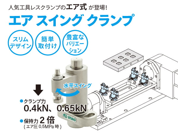 スリムなデザイン、簡単取り付け、豊富なバリエーションのエア式クランプ。「エア スイング クランプ」