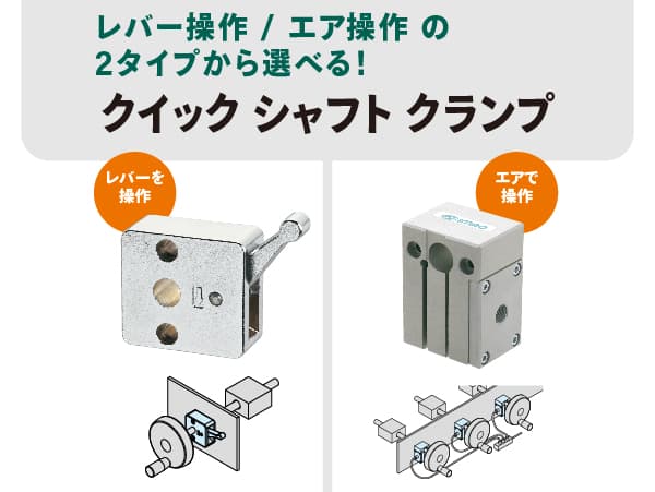 レバー操作とエア操作の2タイプから選べる「クイック シャフト クランプ」